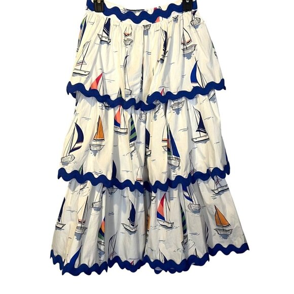 Palms Away Sailboat Print Tiered Maxi Skirt S Coastal Vacation Summer Beach - Picture 1 of 4